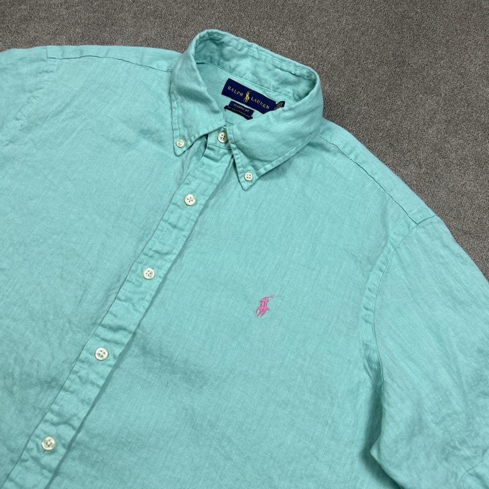 Ralph Lauren Linen Shirt Mens Large Green Button Down Polo Pony Untucked